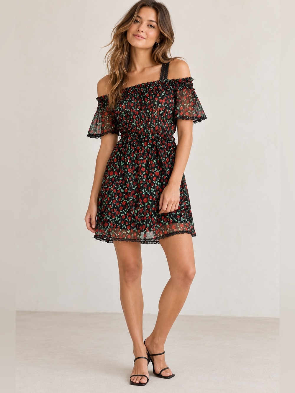 The kooples Rosa Rossa black crinkle rose print dress, off-shoulder, size 2
